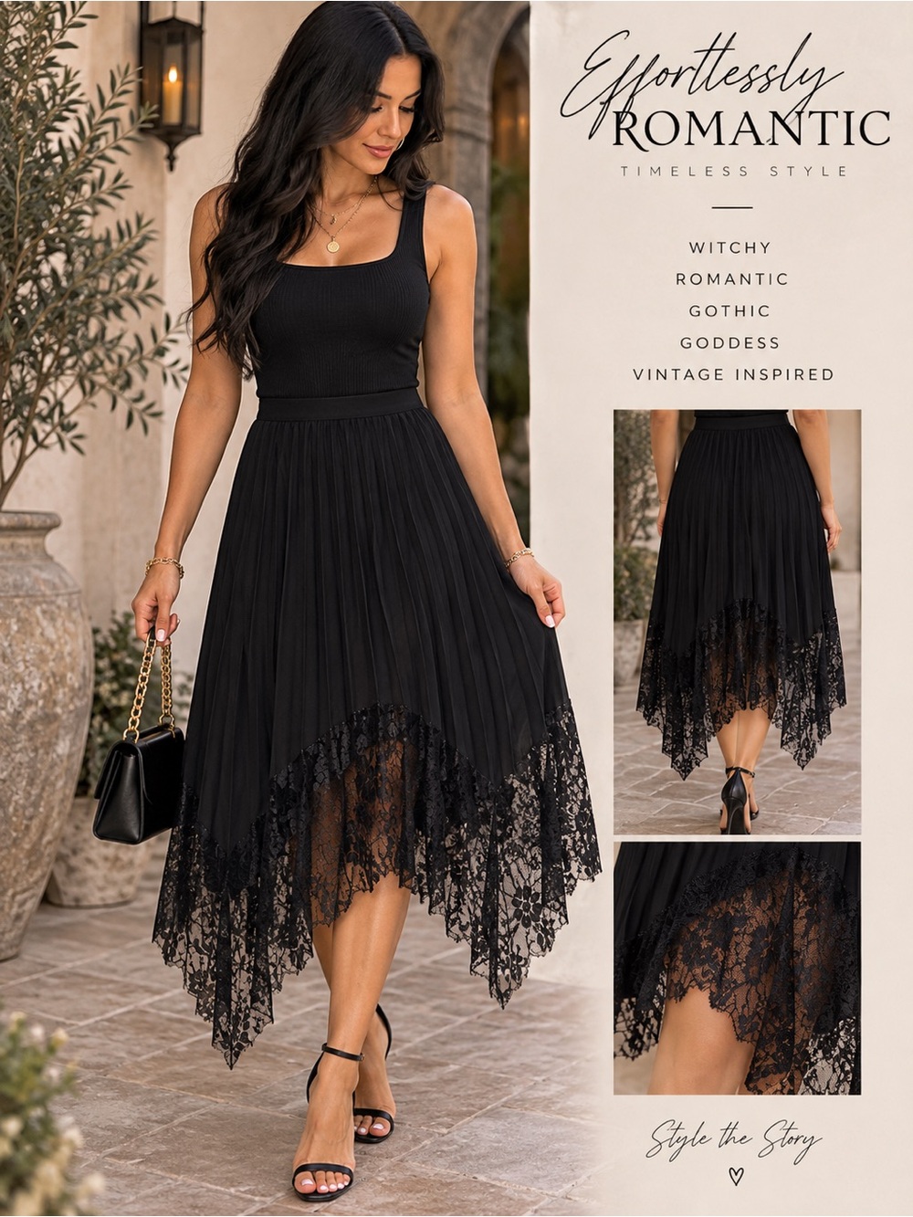 VTG Black Pleated Midi Skirt Size S Asymmetrical Lace Hem Witchy Gothic Romantic